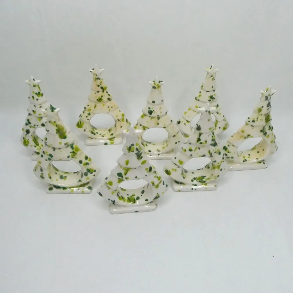Set Speckled Christmas Tree Divided Tray and 8 Napkin Rings Ceramic ONE REPAIRED